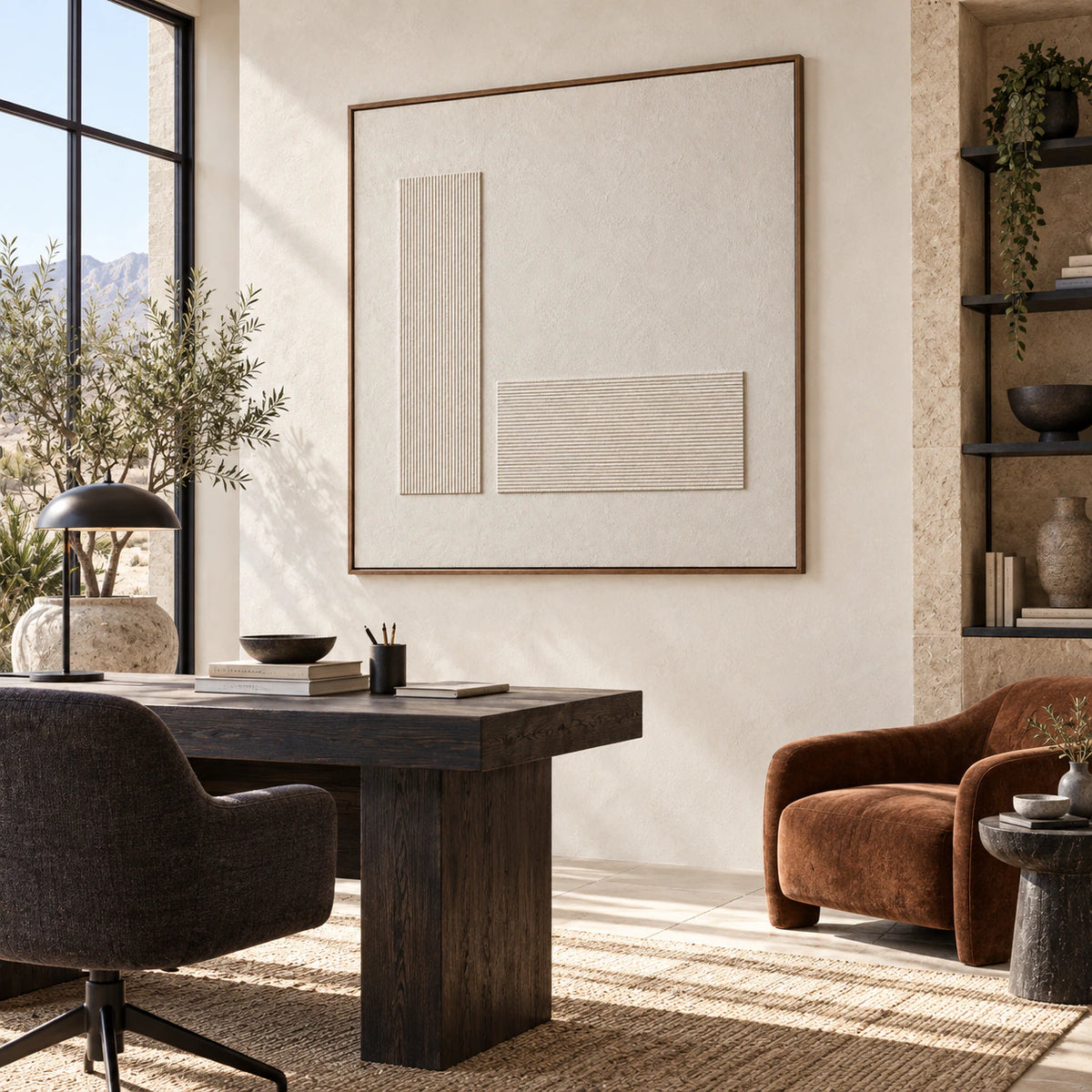 Still-Intervals as a large statement piece in an airy home office reading space.