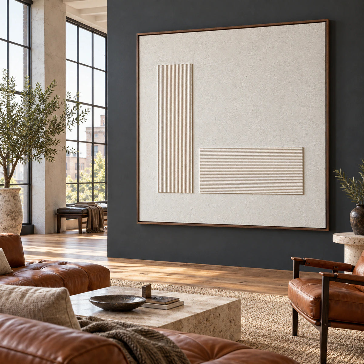 Still-Intervals presented as a large focal work in an expansive hospitality loft interior.
