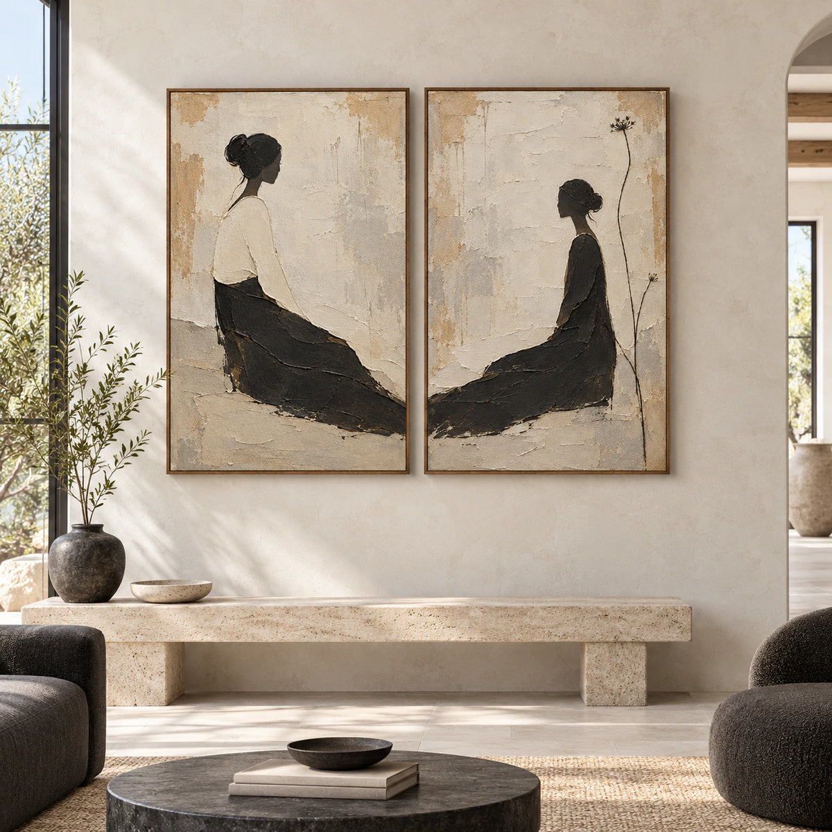Still-Rendezvous diptych displayed at large scale, straight-on in an open architectural interior.