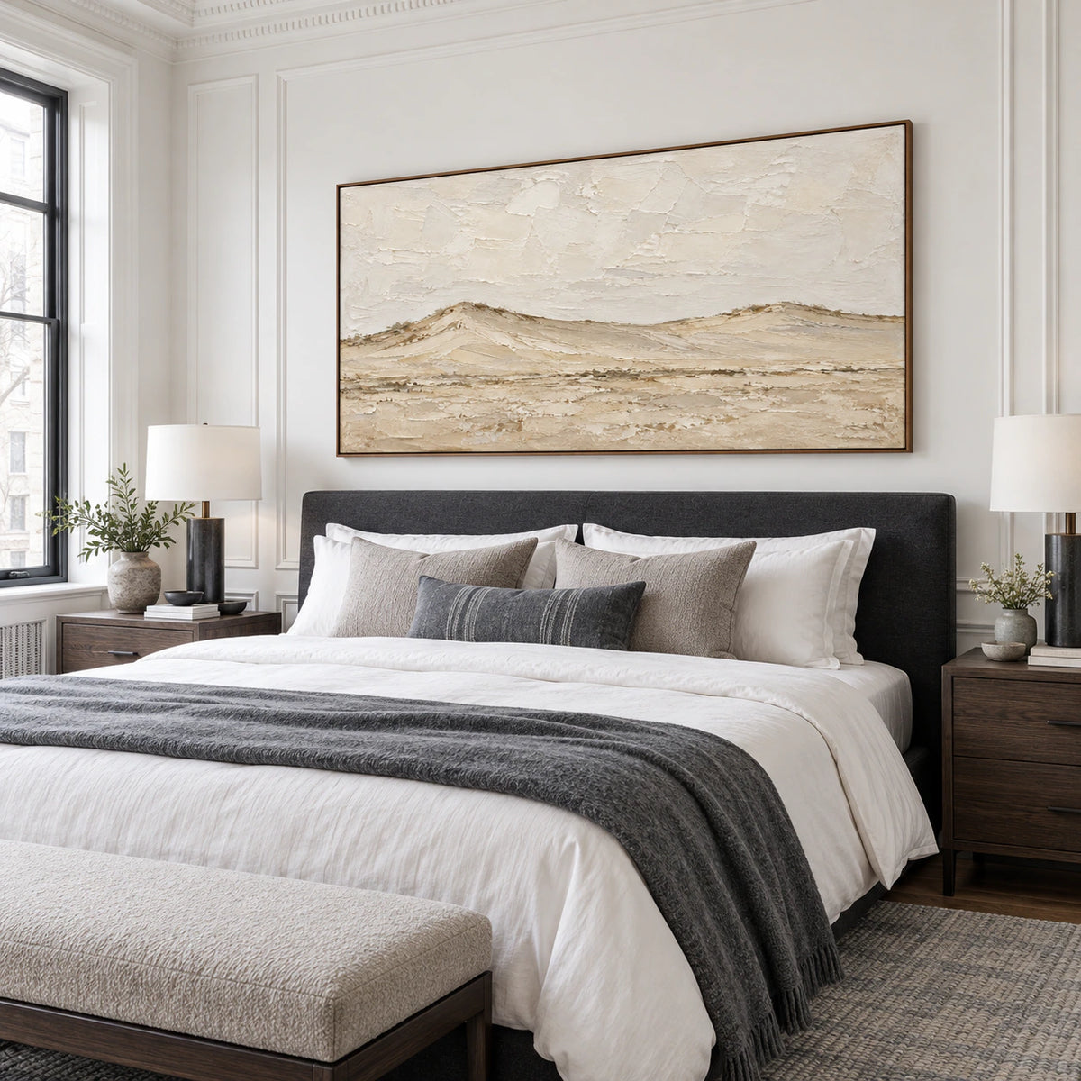 Still-Ridge bringing a quiet horizon to a softly lit bedroom.