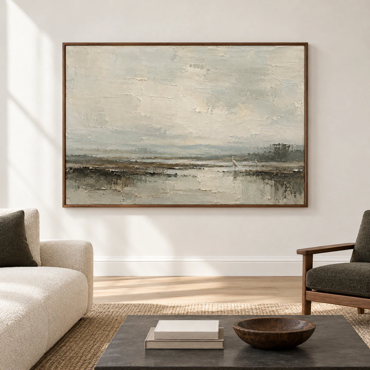 Large horizontal marsh artwork displayed straight-on on a spacious gallery wall, with layered water and two small birds visible near the right side.