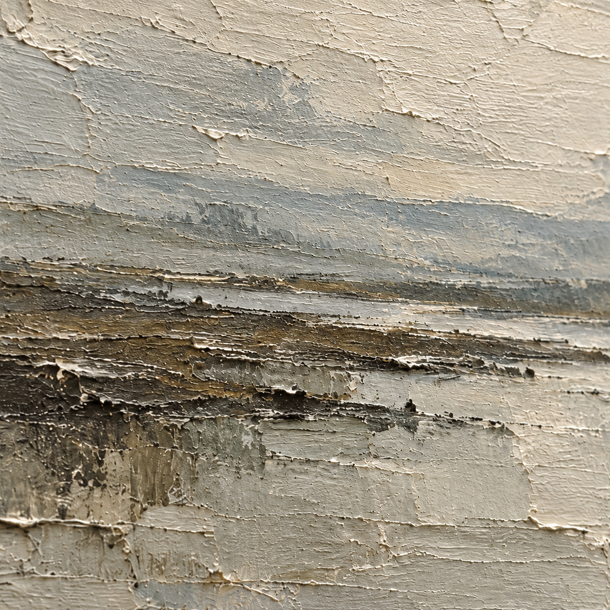Still-Shoals oil painting brushwork and impasto detail photographed from an oblique side angle