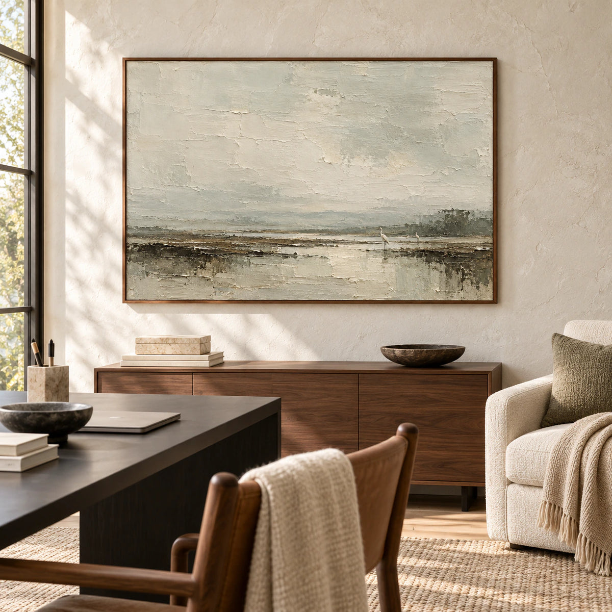 Large marsh artwork in an airy home office beside a reading chair, with the layered water and birds prominent on the wall.