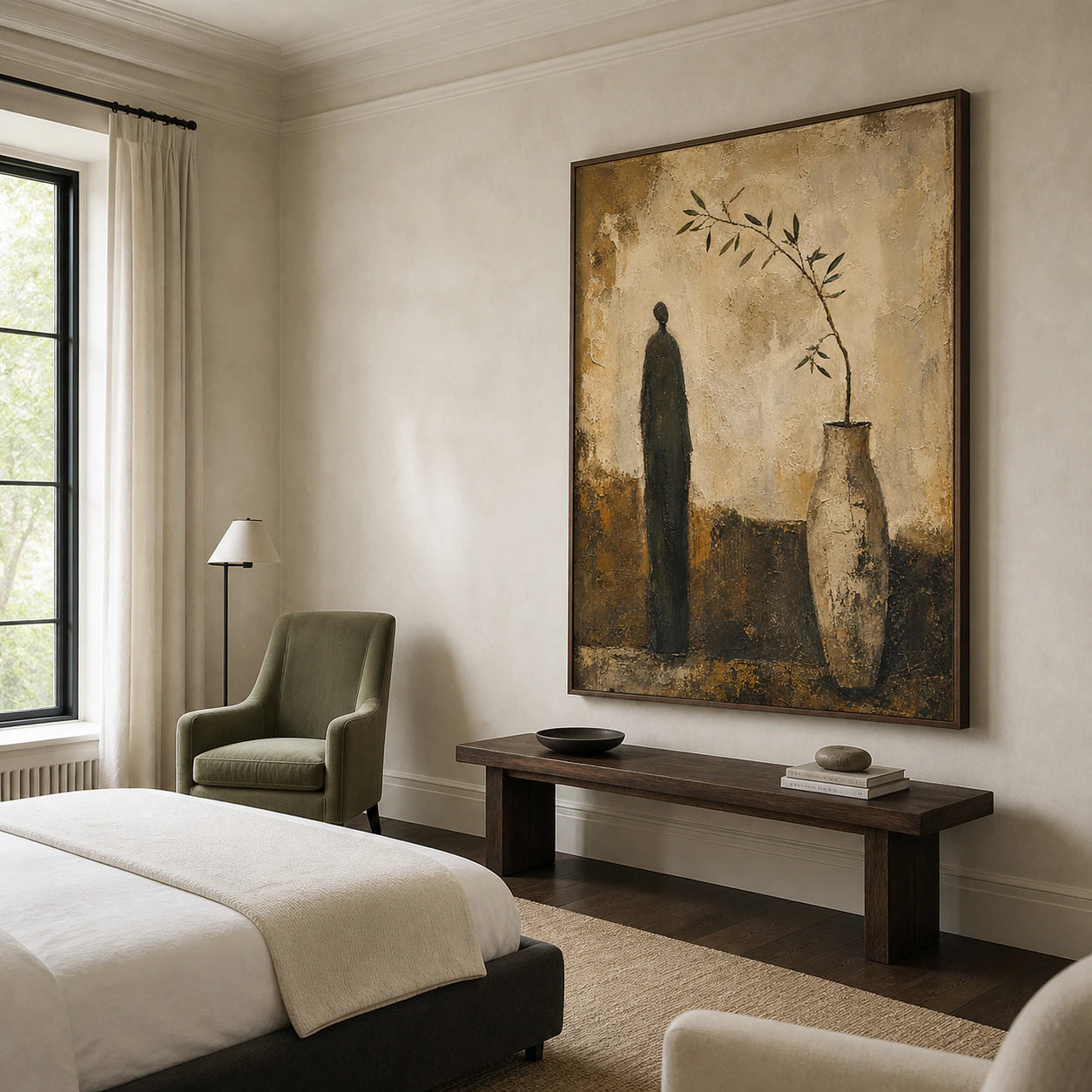 Still-Vessel bringing a quiet focal point to a softly lit bedroom.