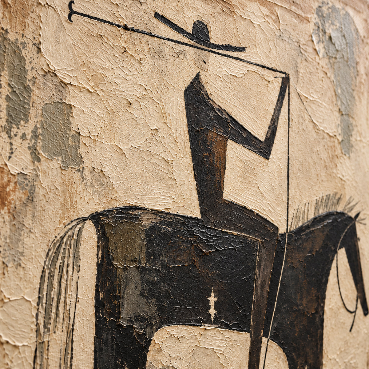 Stilled-Rider oil painting brushwork and impasto detail photographed from an oblique side angle