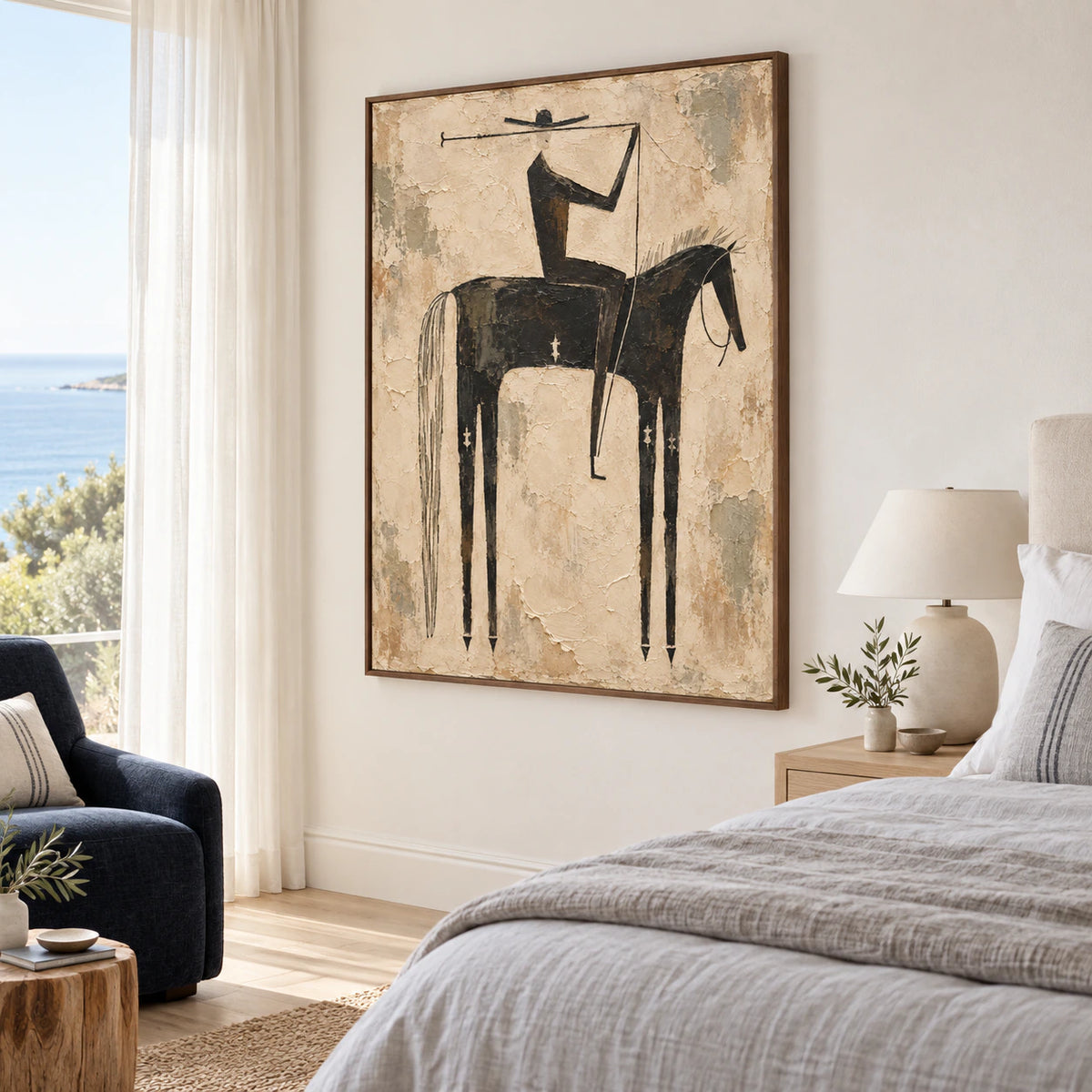 Stilled-Rider as a tall focal point in a quiet neutral bedroom.