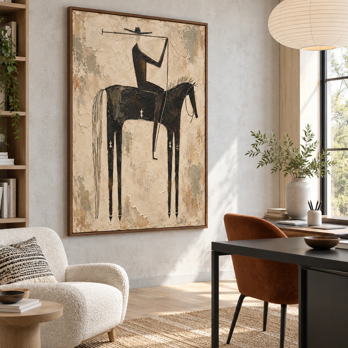 Stilled-Rider displayed in an airy reading and home office space.