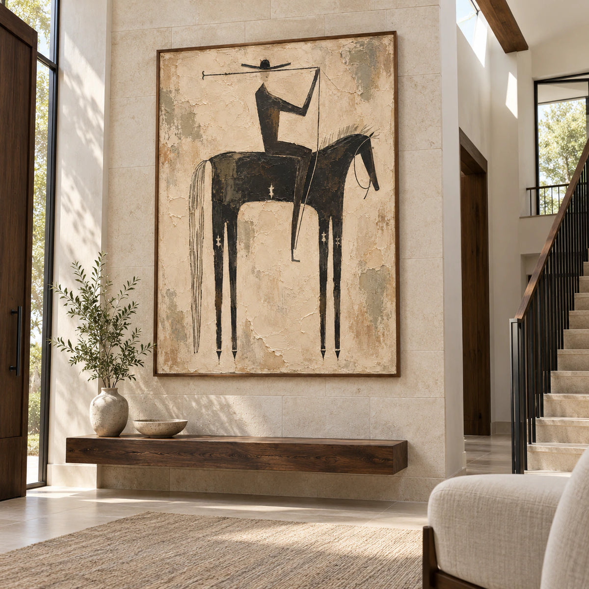 Stilled-Rider at gallery scale in a bright sculptural foyer.