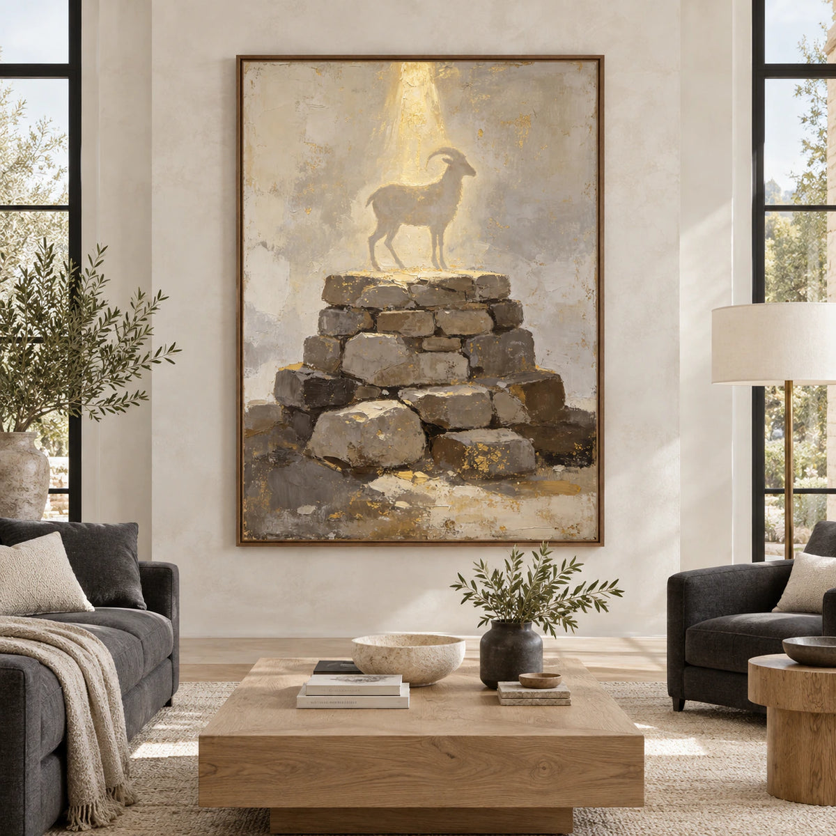 Large vertical goat-and-stone artwork displayed straight-on in a bright architectural living space.
