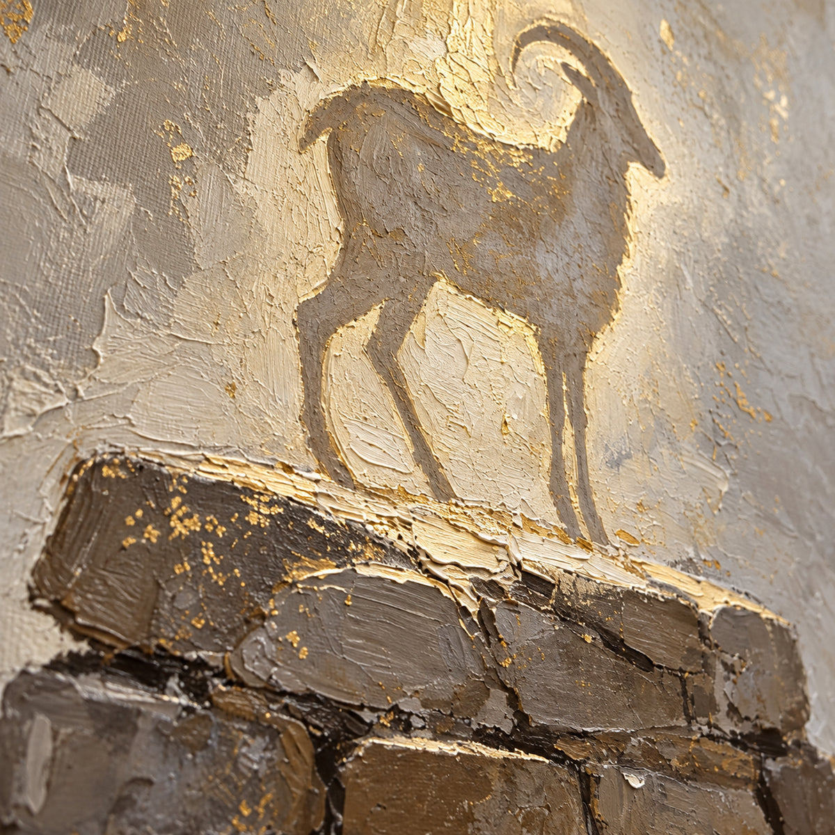 Stone-Guardian oil painting brushwork and impasto detail photographed from an oblique side angle
