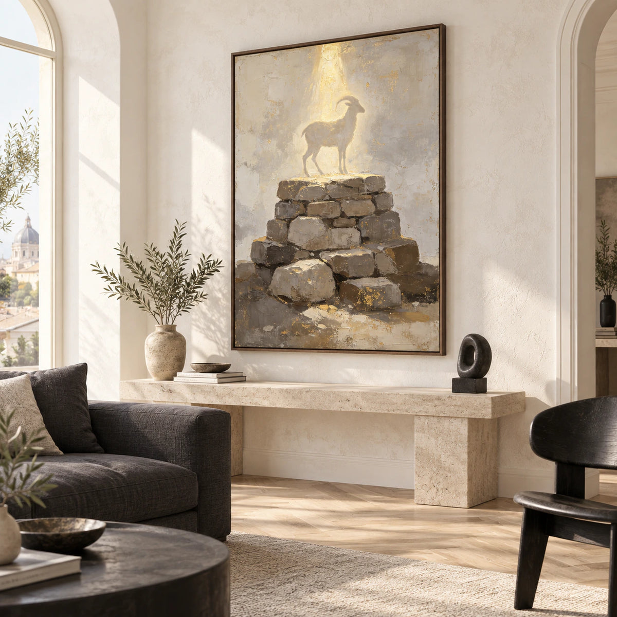 Large vertical goat-and-stone artwork above a restrained sofa in a bright living room.