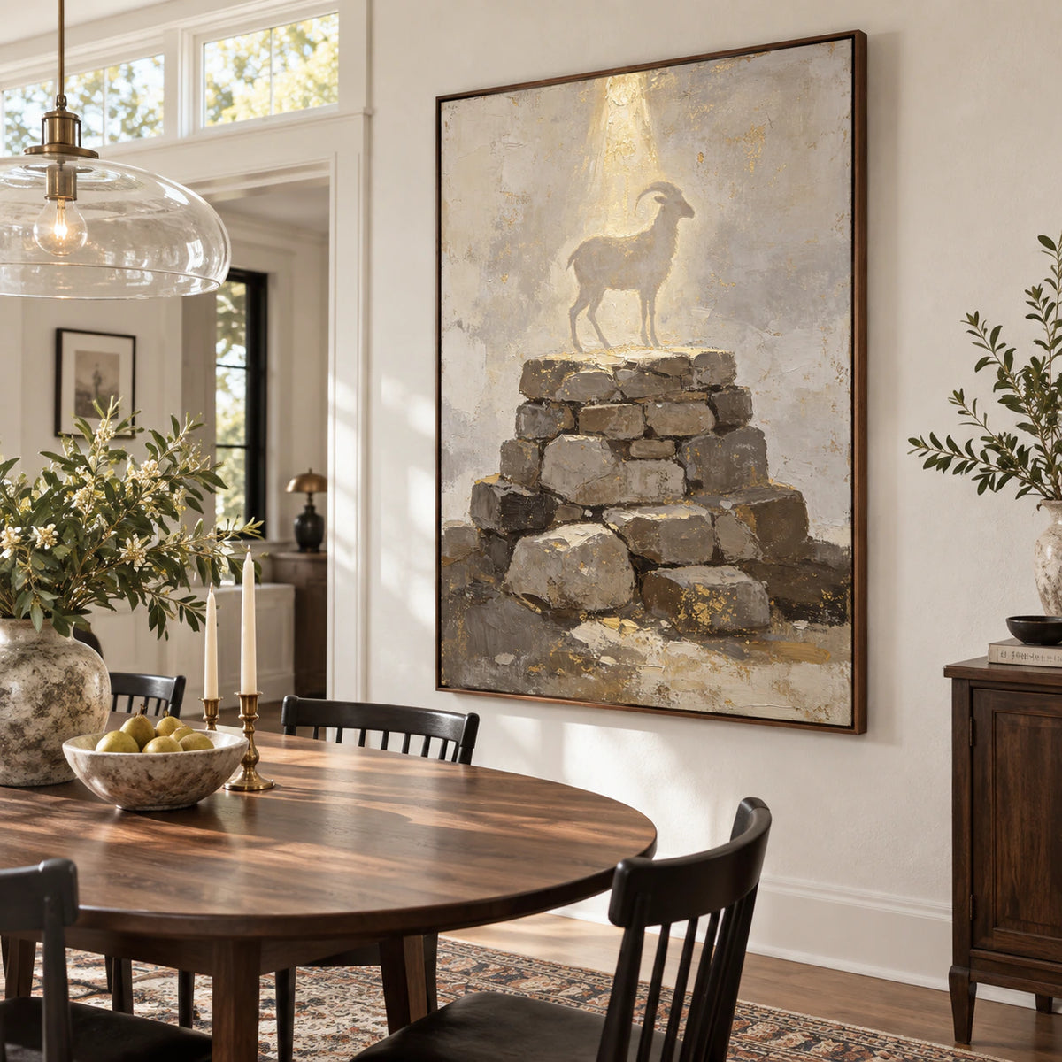 Large vertical goat-and-stone artwork in a refined daylight dining room.