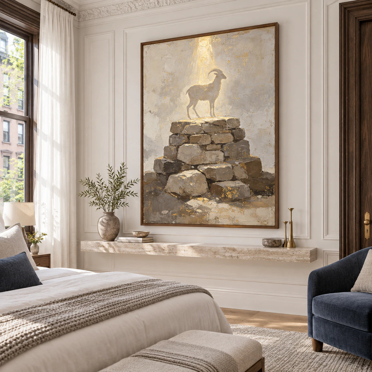 Large vertical goat-and-stone artwork in a quiet, softly lit bedroom.
