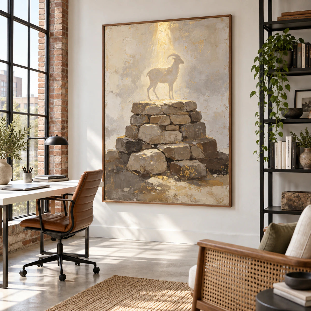 Large vertical goat-and-stone artwork in an airy reading and home office space.