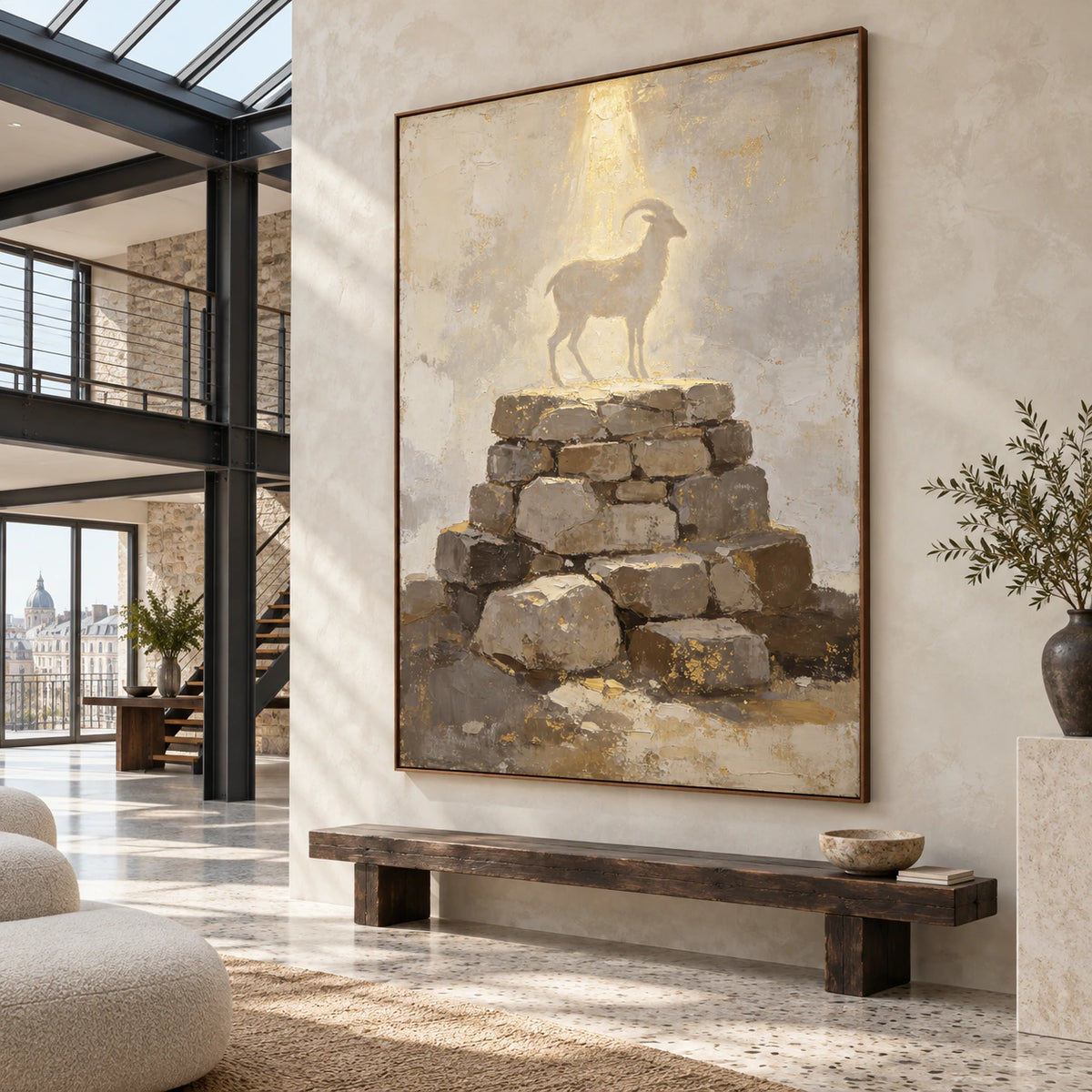 Large vertical goat-and-stone artwork in a gallery-scale daylight foyer.