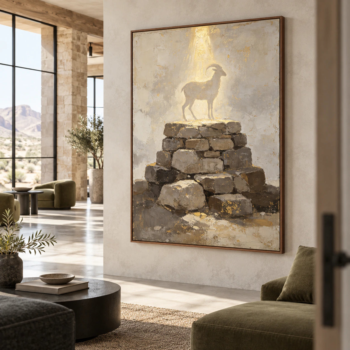 Large vertical goat-and-stone artwork in an expansive hospitality loft interior.