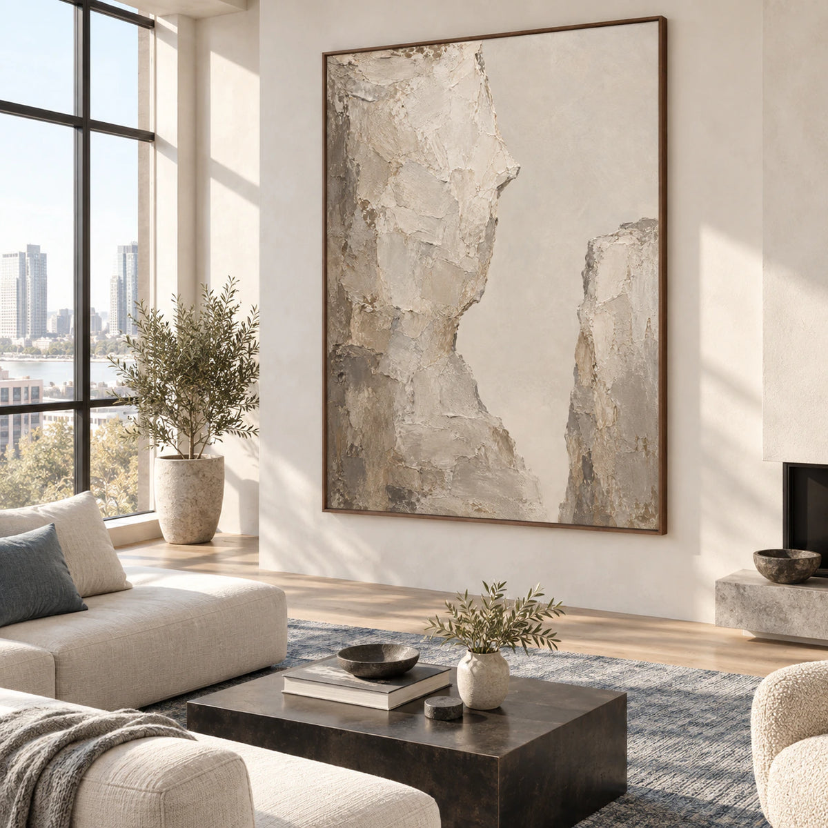 Stone-Interval as the focal point in a bright living room.
