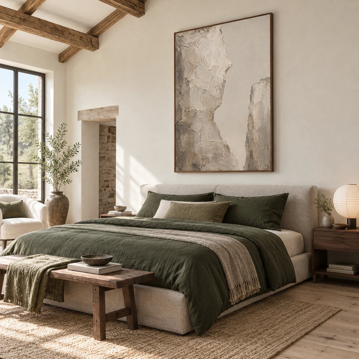 Stone-Interval above a calm, light-filled bedroom setting.