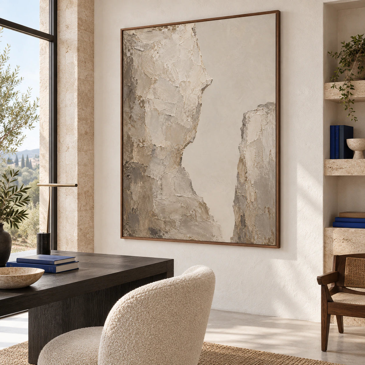 Stone-Interval featured in an airy home office reading space.