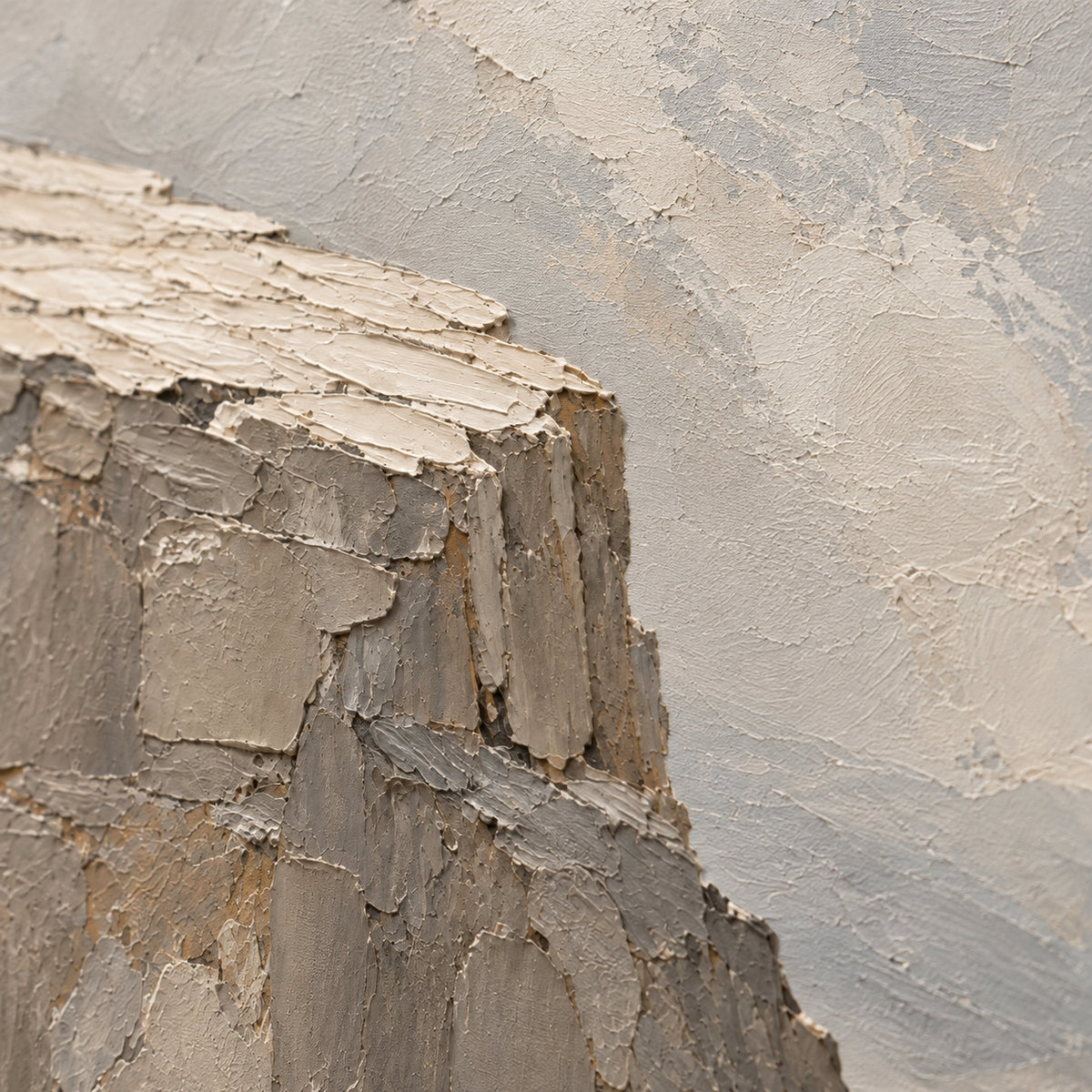 Stone-Plateau oil painting brushwork and impasto detail photographed from an oblique side angle
