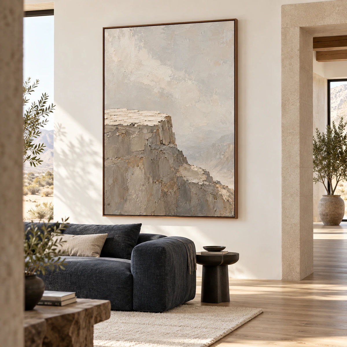 Stone-Plateau as the focal artwork in a bright contemporary living room.