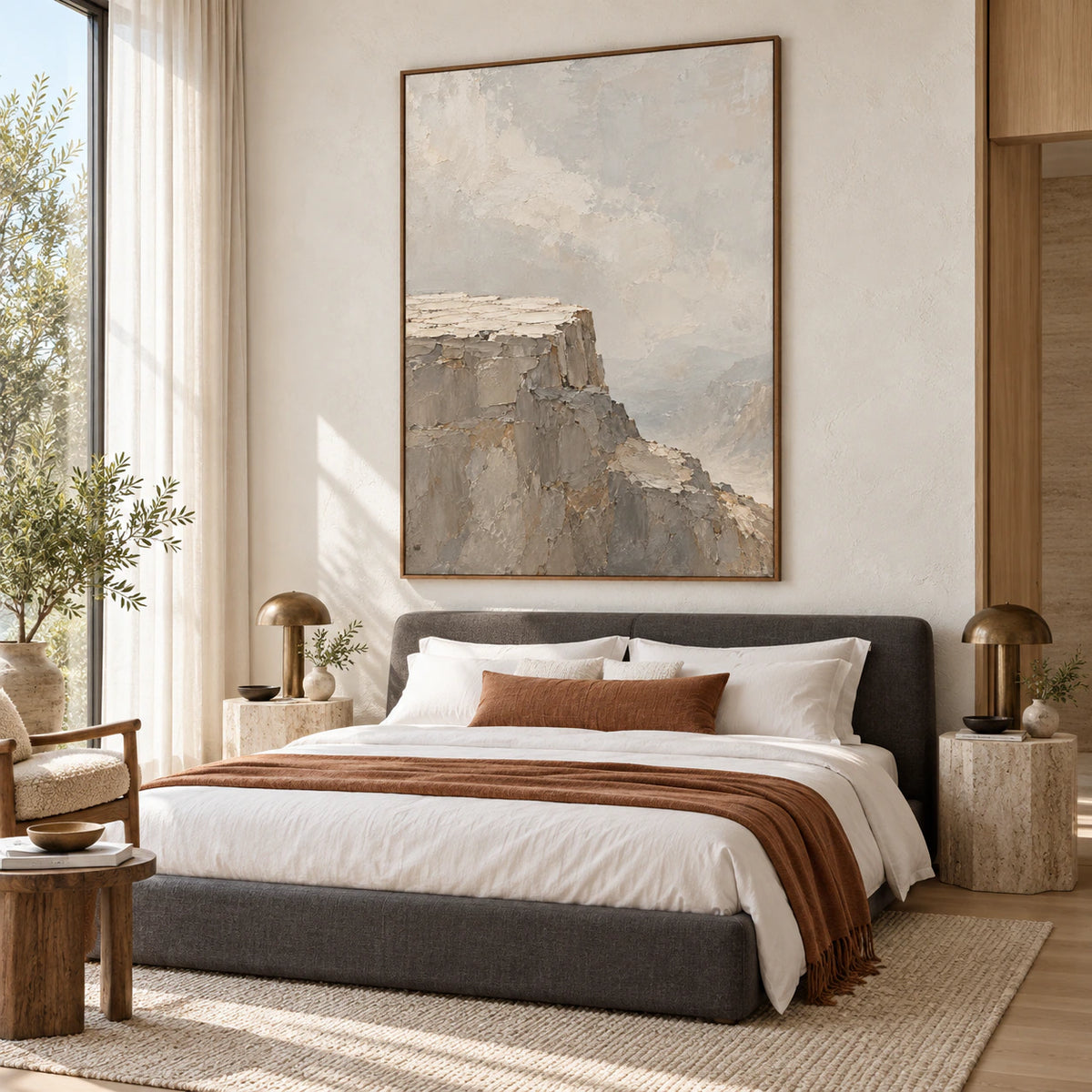 Stone-Plateau bringing quiet texture to a light, restful bedroom.
