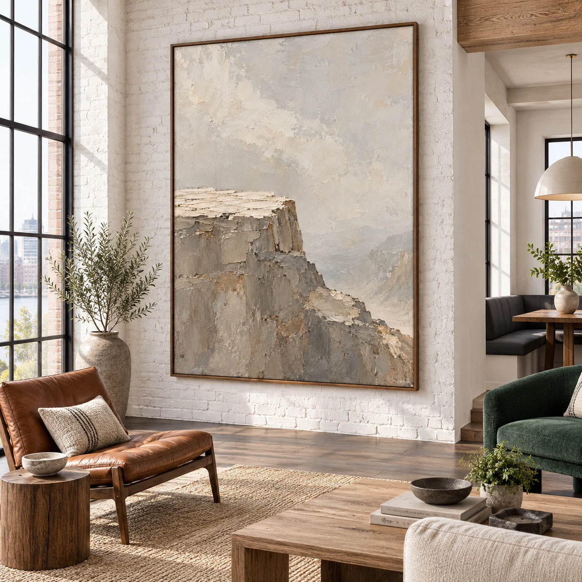 Stone-Plateau anchoring an expansive, daylight-filled loft interior.