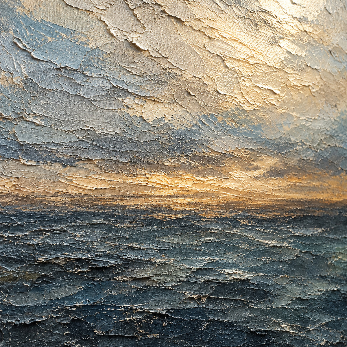 Storm-Littoral oil painting brushwork and impasto detail photographed from an oblique side angle