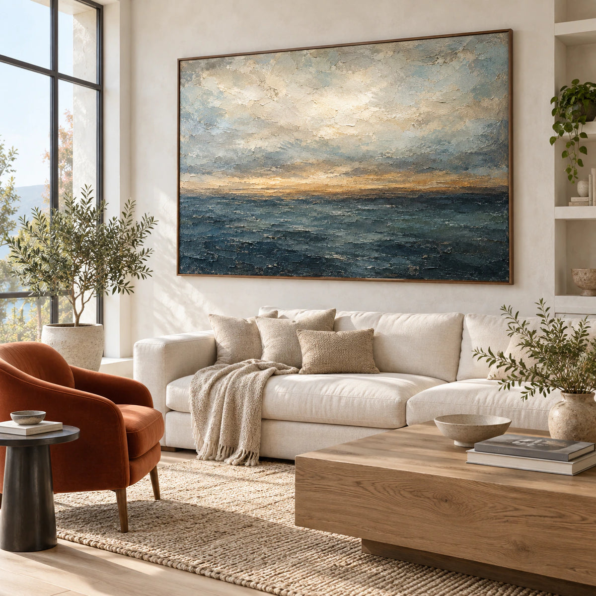 Storm-Littoral above a pale modern sofa in a bright living room.