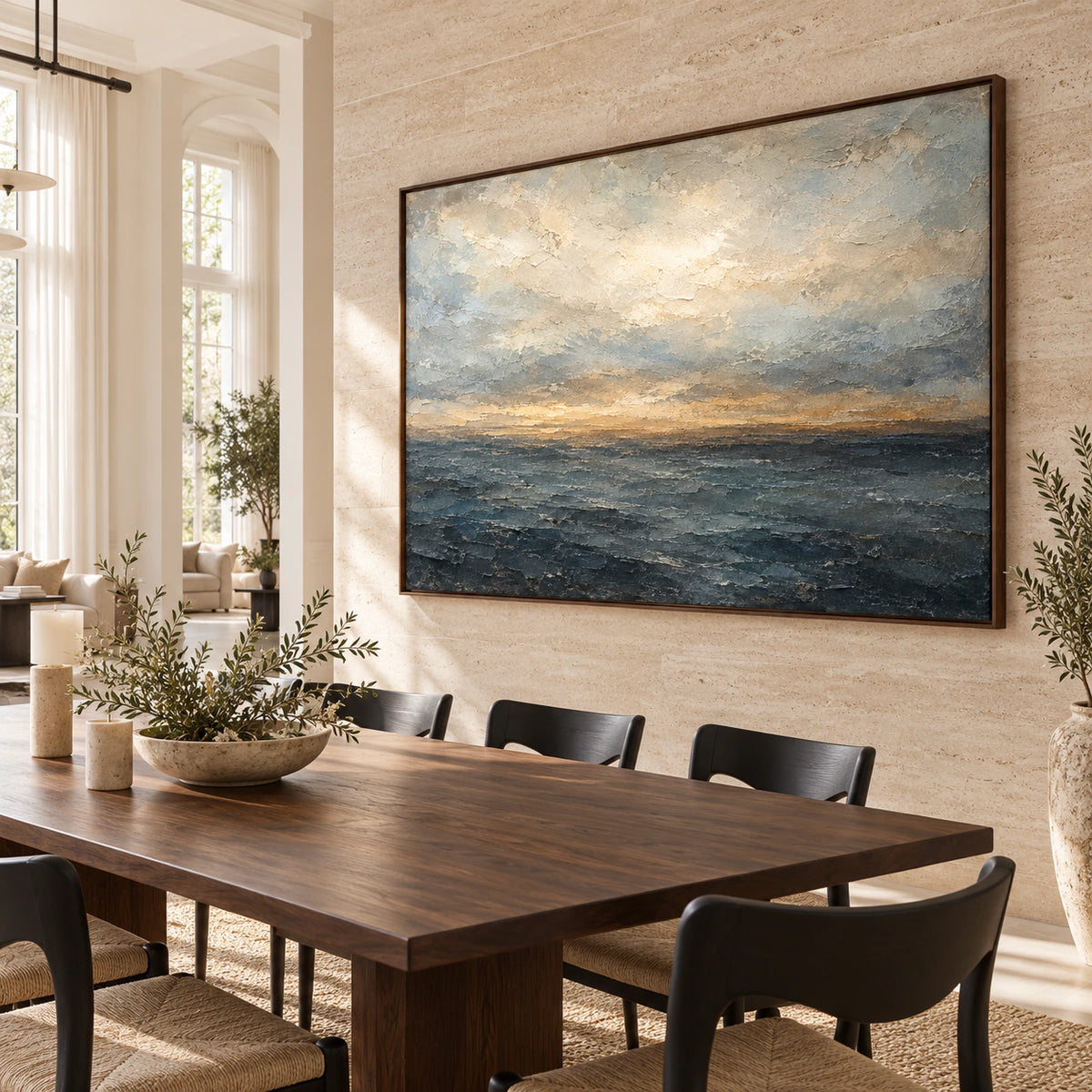Storm-Littoral as the focal artwork in a refined daylight dining room.