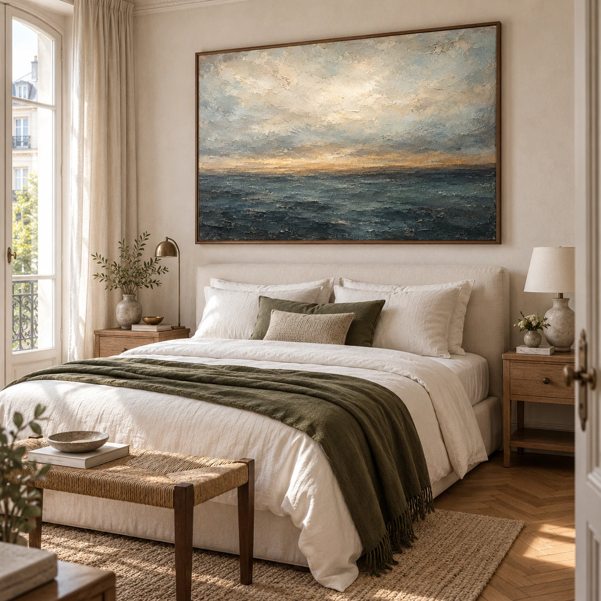 Storm-Littoral above a low upholstered bed in a quiet neutral bedroom.