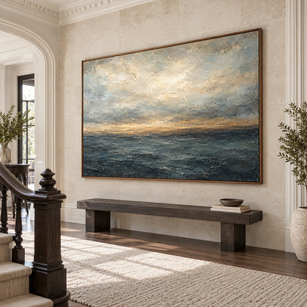 Storm-Littoral at gallery scale in a bright stone-clad foyer.