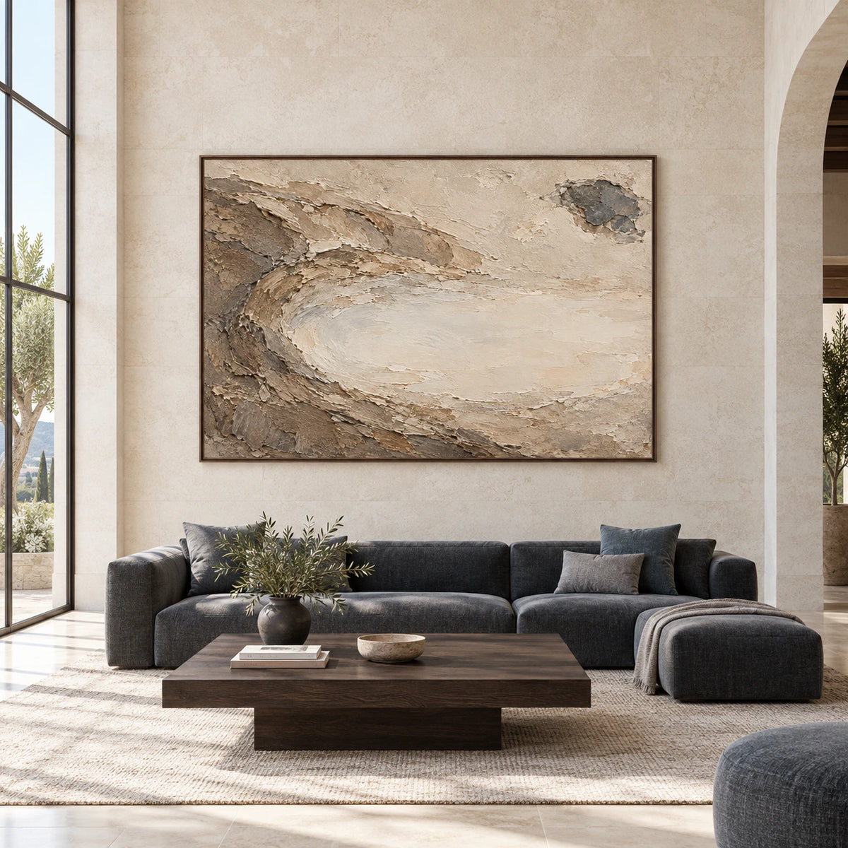 Large horizontal textured abstract painting displayed straight-on in a spacious architectural interior.