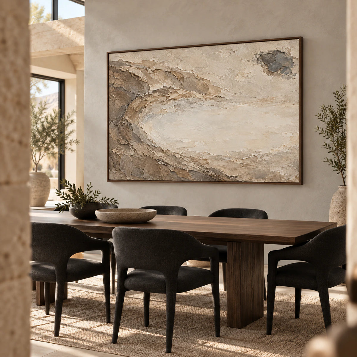 Horizontal textured abstract painting in a refined daylight dining room.