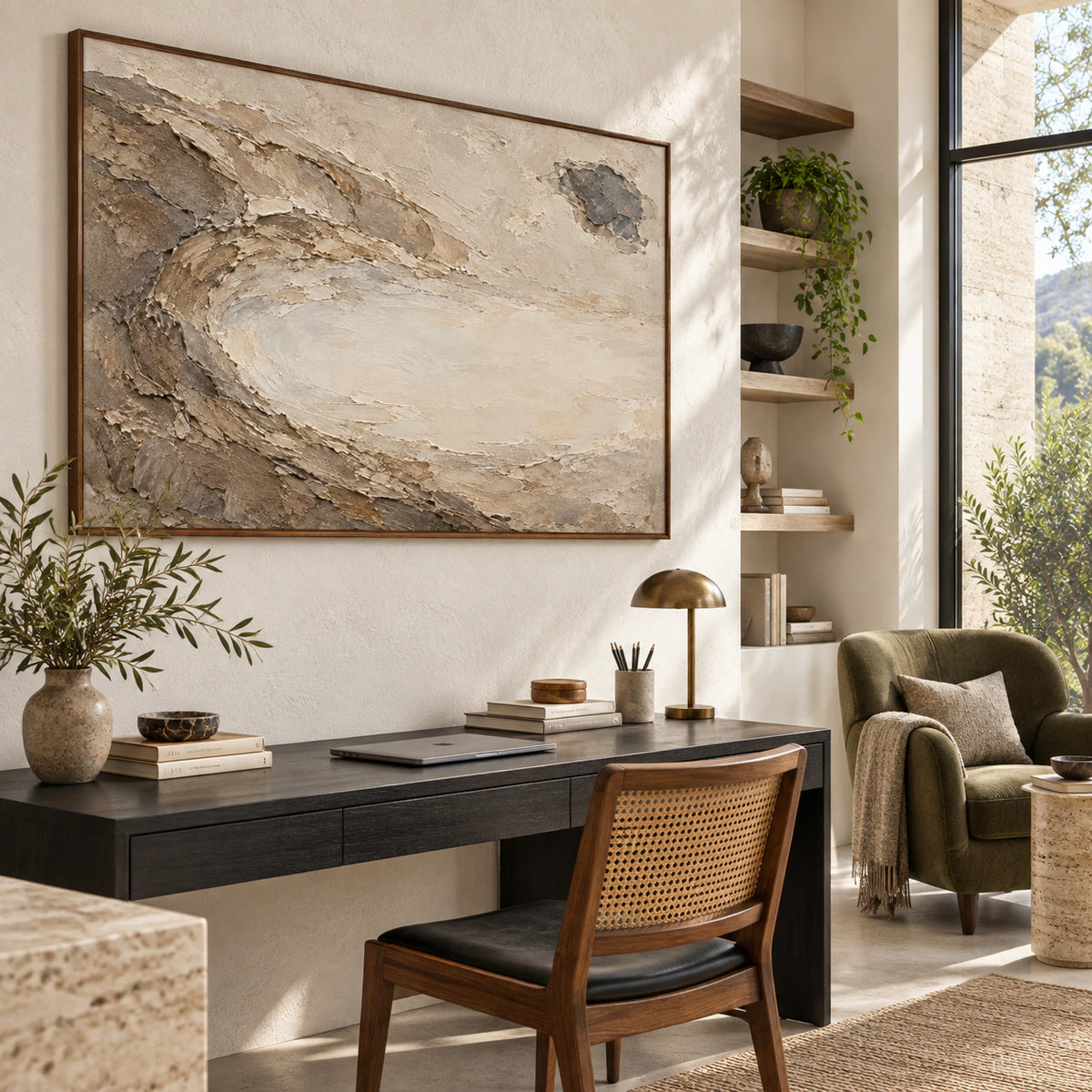 Horizontal textured abstract painting in an airy reading office.