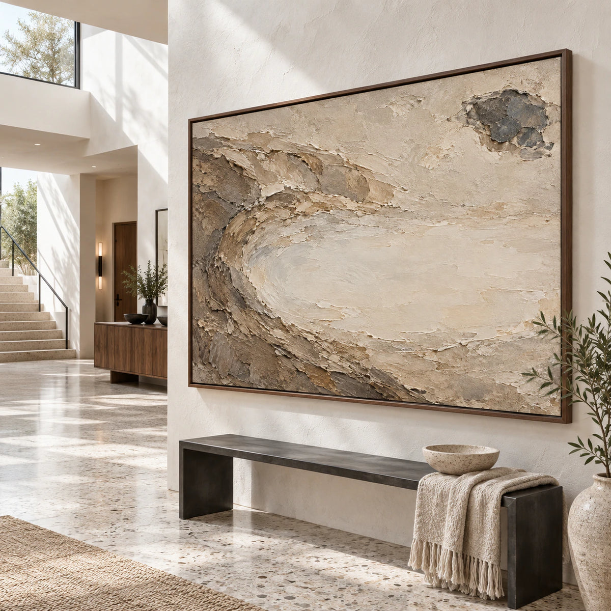 Large horizontal textured abstract painting in a gallery-scale foyer.