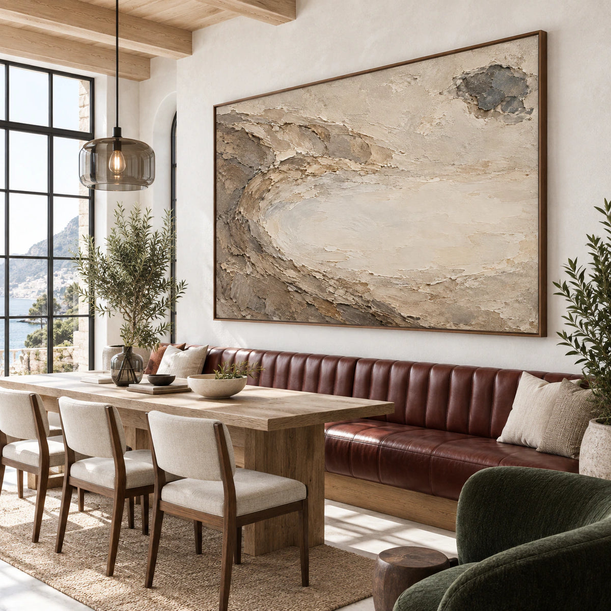 Large horizontal textured abstract painting in an expansive loft hospitality interior.