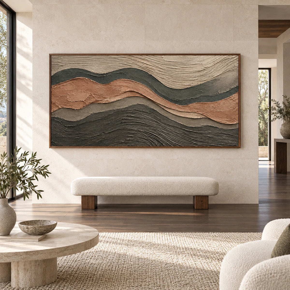 Strata-Contour displayed at large scale in a bright architectural living space, viewed straight on.