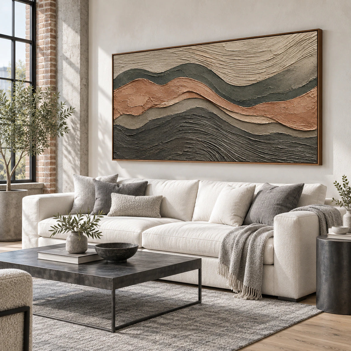 Strata-Contour above a sculptural sofa in a bright contemporary living room.