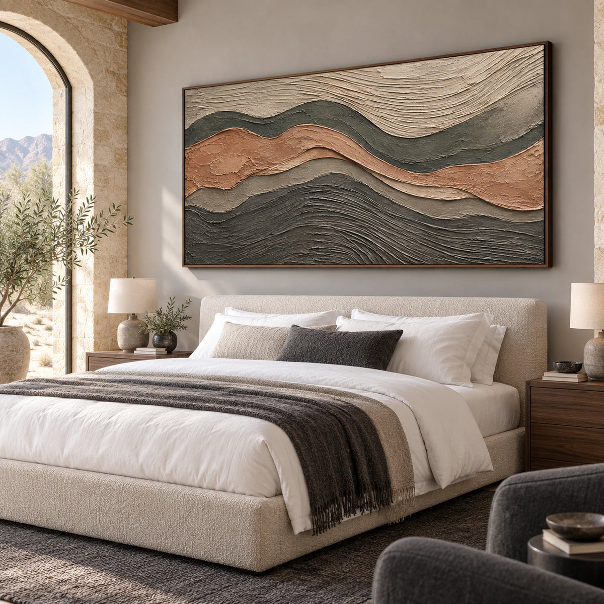 Strata-Contour above a low upholstered bed in a quiet sunlit bedroom.