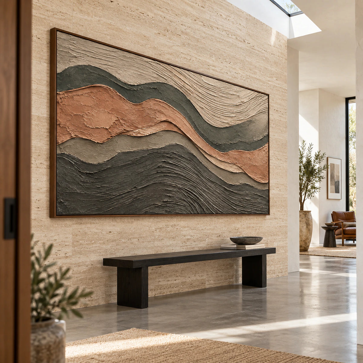 Strata-Contour installed at gallery scale in a bright stone-lined foyer.