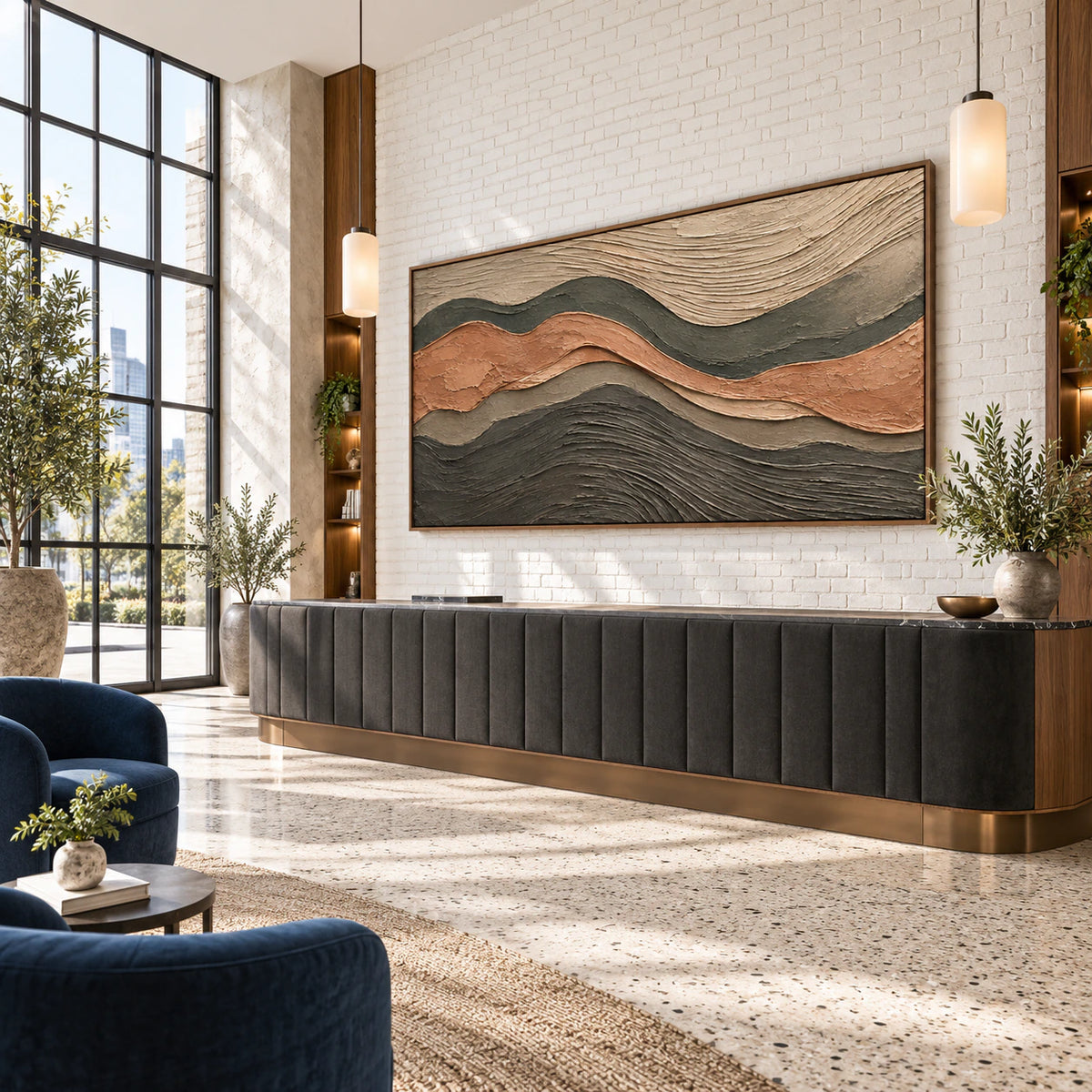 Strata-Contour as a large focal artwork in an expansive loft hospitality interior.