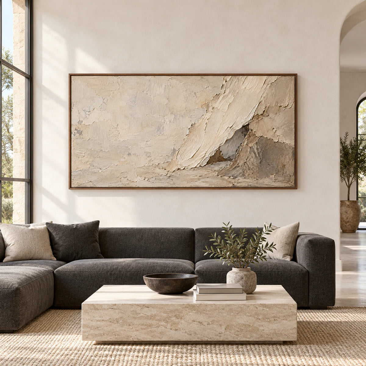Strata-Current displayed at large scale in a bright architectural living space, photographed straight-on.