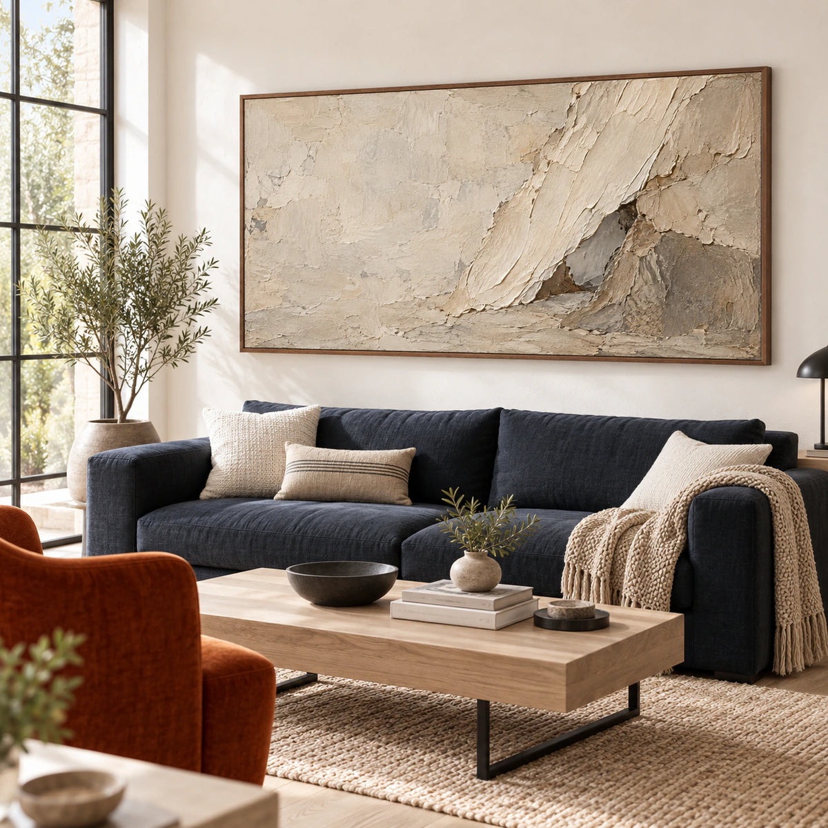 Strata-Current as a large focal artwork in a bright contemporary living room.