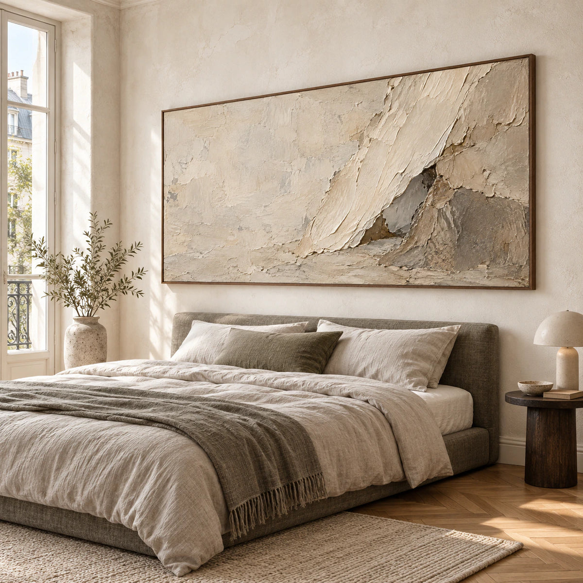 Strata-Current as a wide textured focal point in a quiet bedroom.