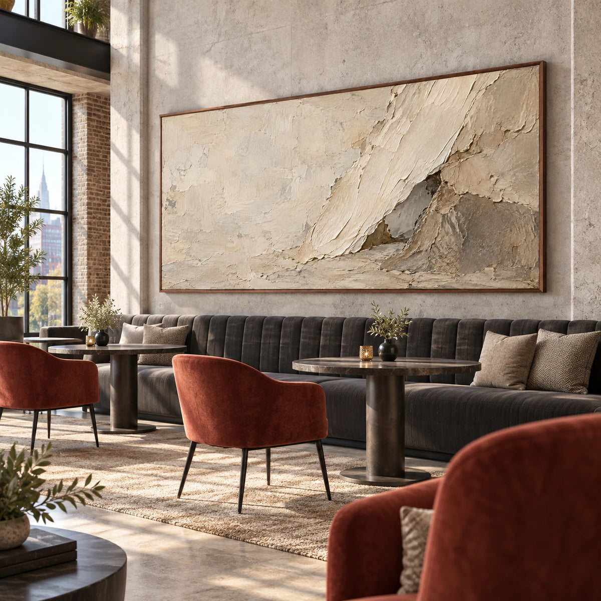 Strata-Current as the central artwork in an expansive loft hospitality interior.