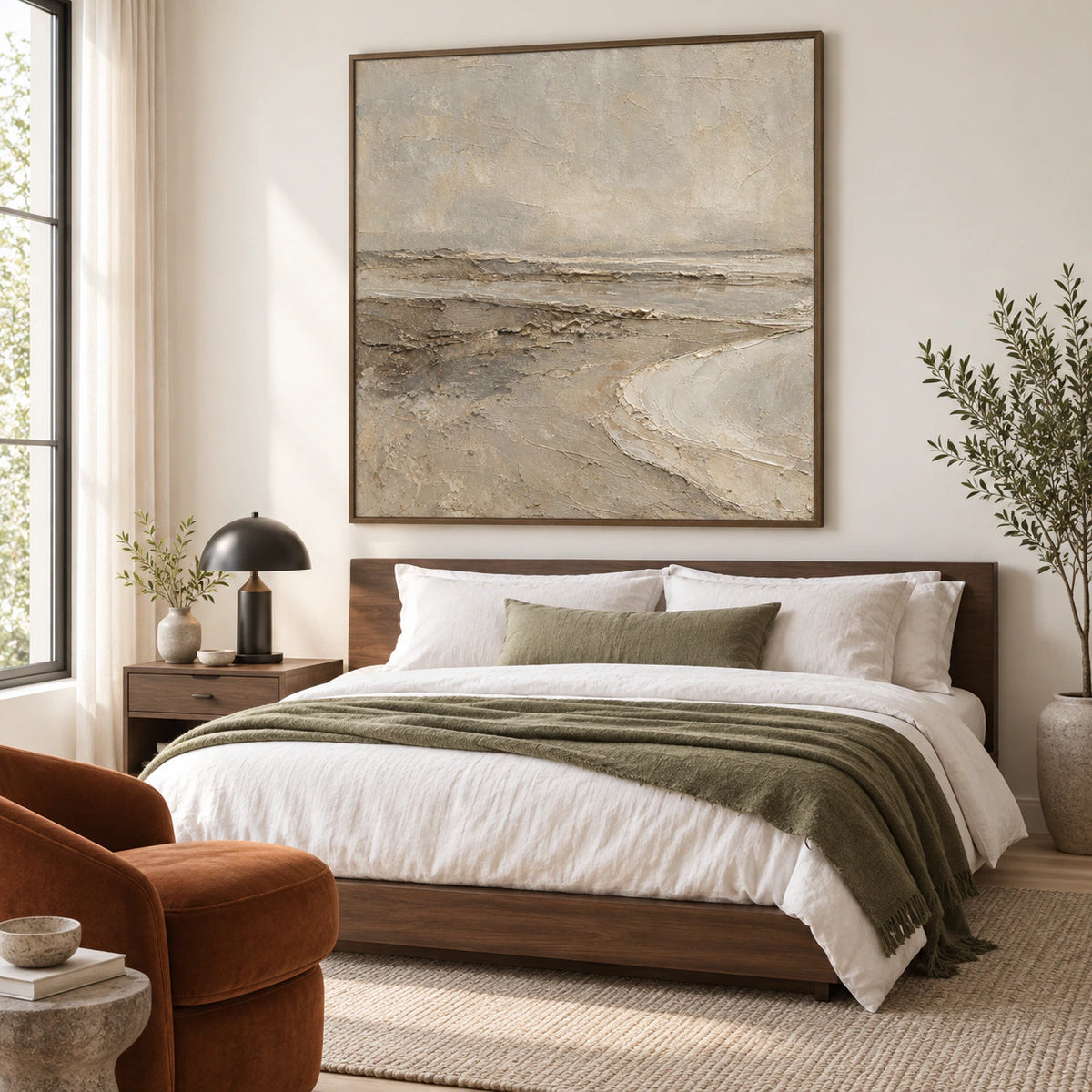 Strata-Drift bringing quiet texture to a calm, light-filled bedroom.