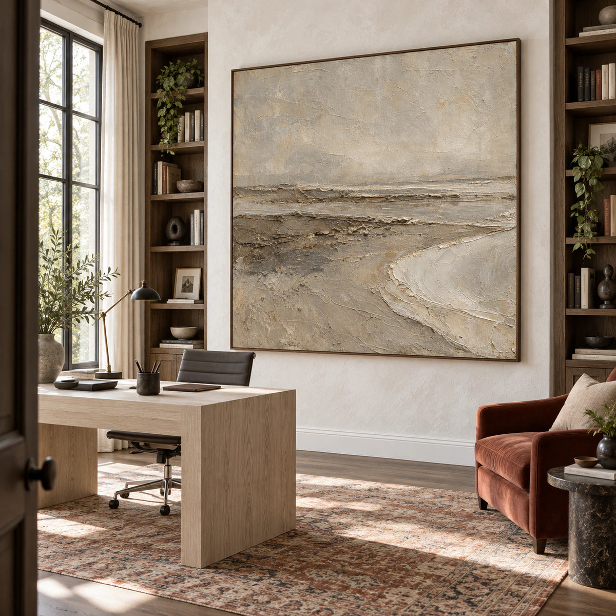 Strata-Drift featured in an airy home office reading space.
