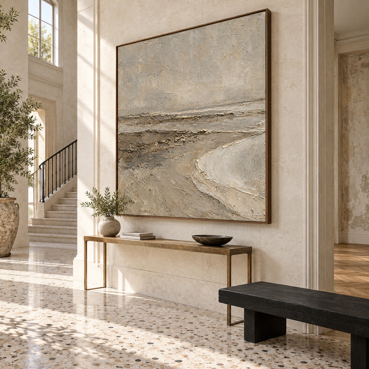 Strata-Drift at gallery scale in a luminous sculptural foyer.