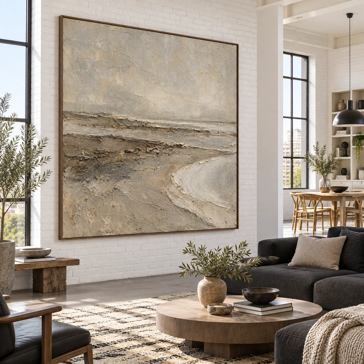 Strata-Drift as a large focal artwork in an expansive loft hospitality interior.